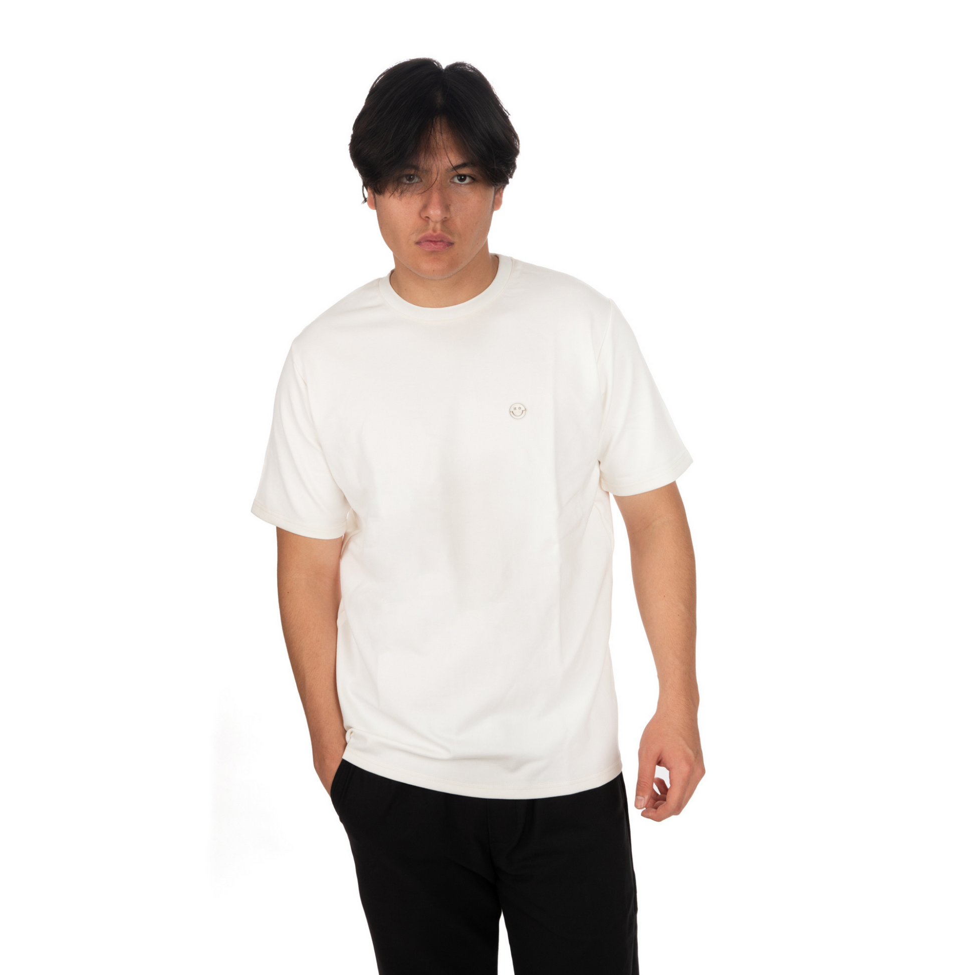 L’Homme Moderne White T-shirt with Stainless Smiley zoomed view on male model