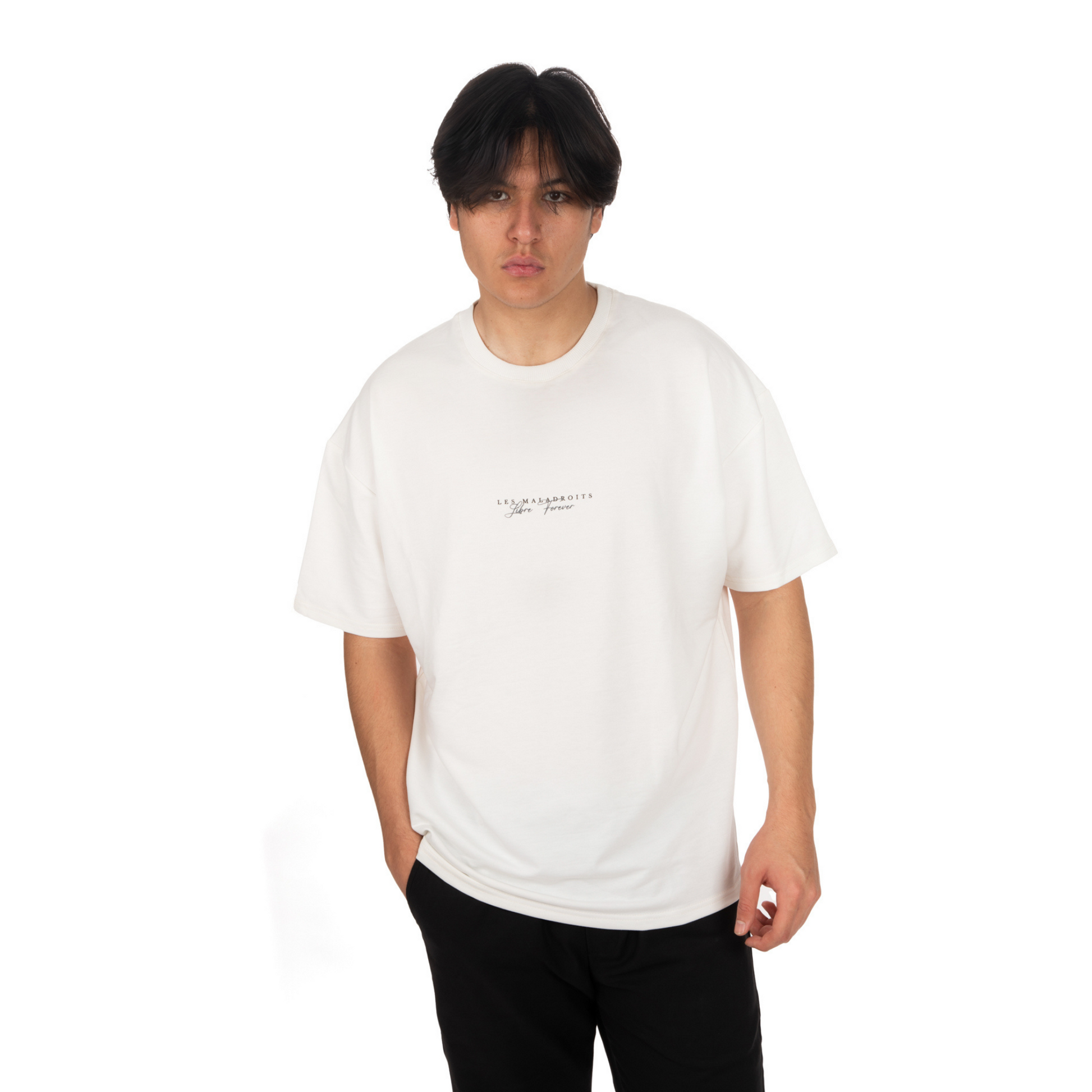 Unisex Oversized White T-shirt Libre Forever zoomed View on male model
