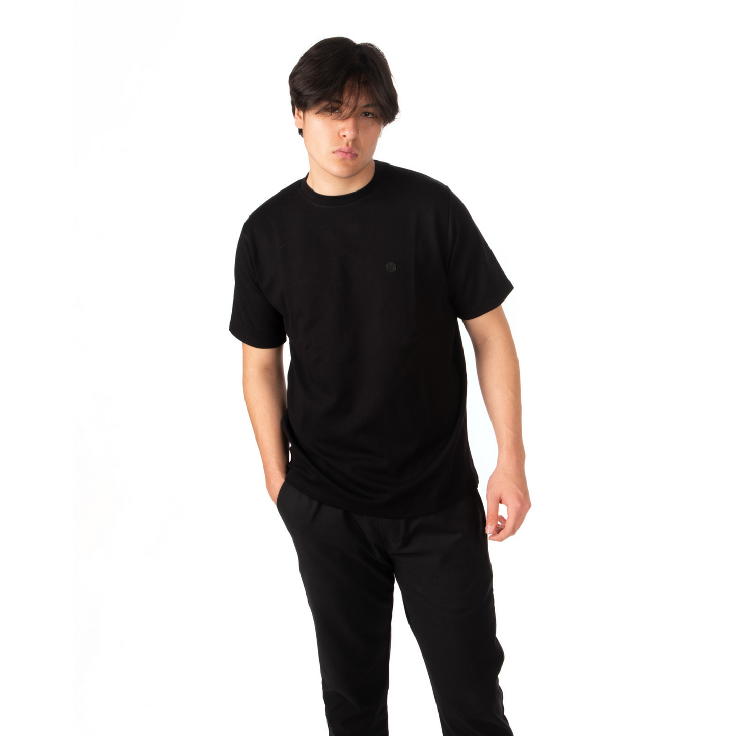 L’Homme Moderne Black T-shirt with Black Smiley zoomed view on male model
