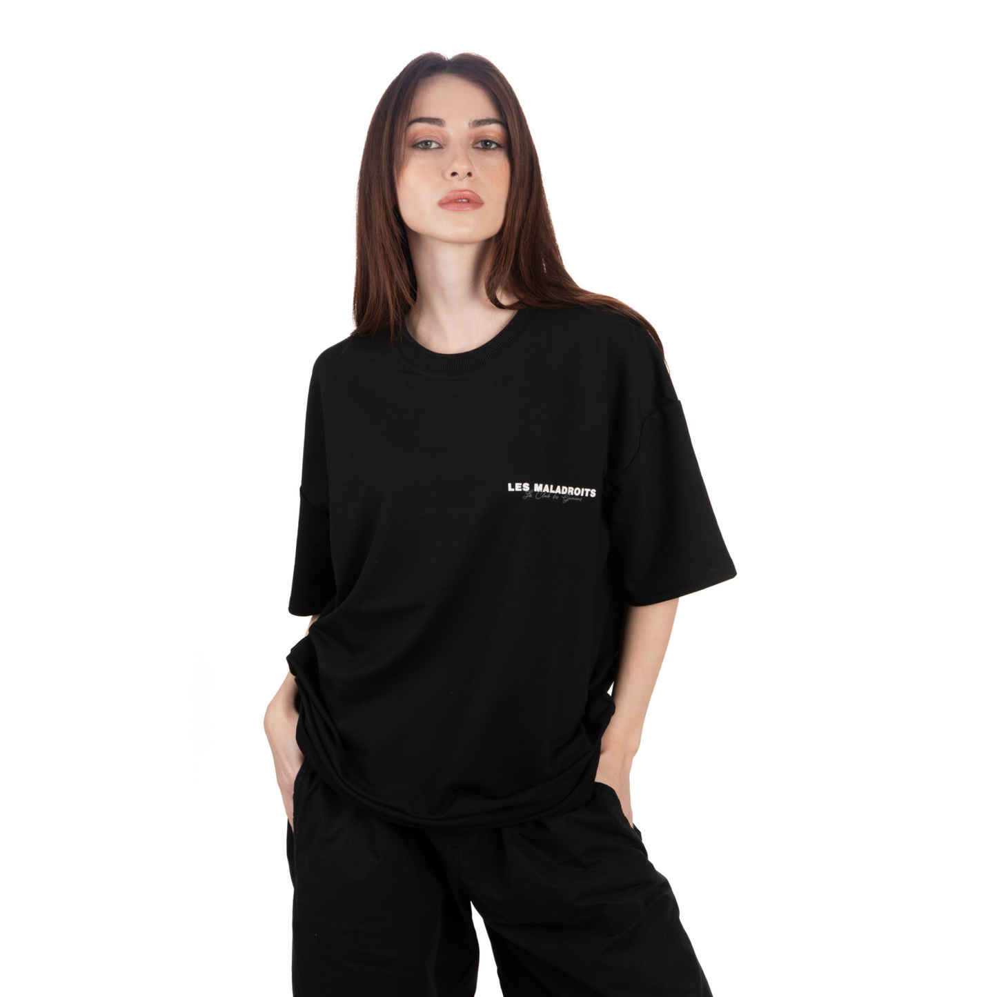 Unisex Oversized Black T-shirt Le Club des Gamins zoomed view on female model