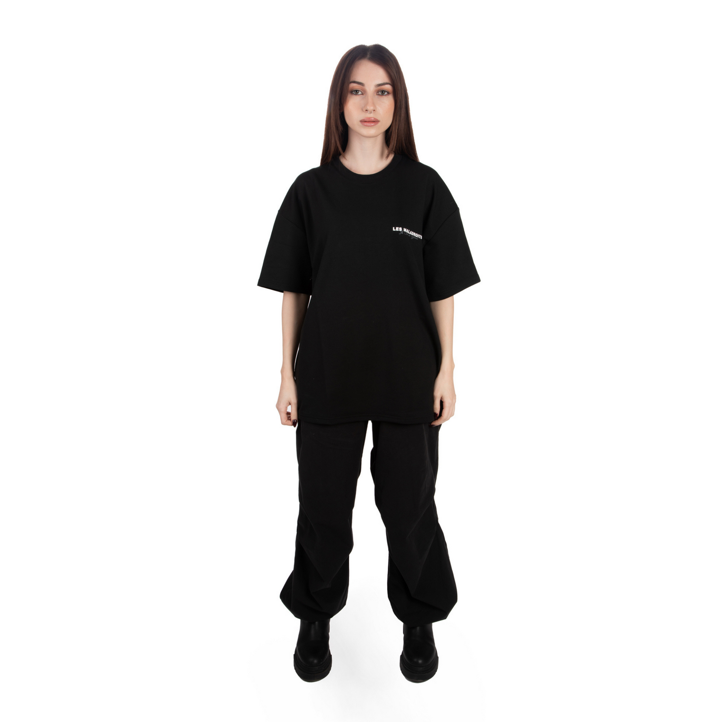 Unisex Oversized Black T-shirt Le Club des Gamins front view on female model