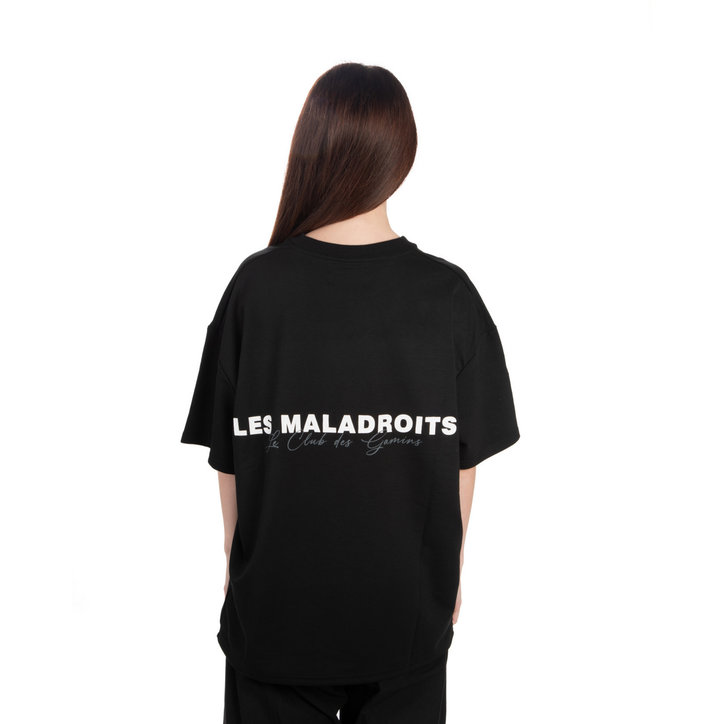 Unisex Oversized Black T-shirt Le Club des Gamins back view on female model