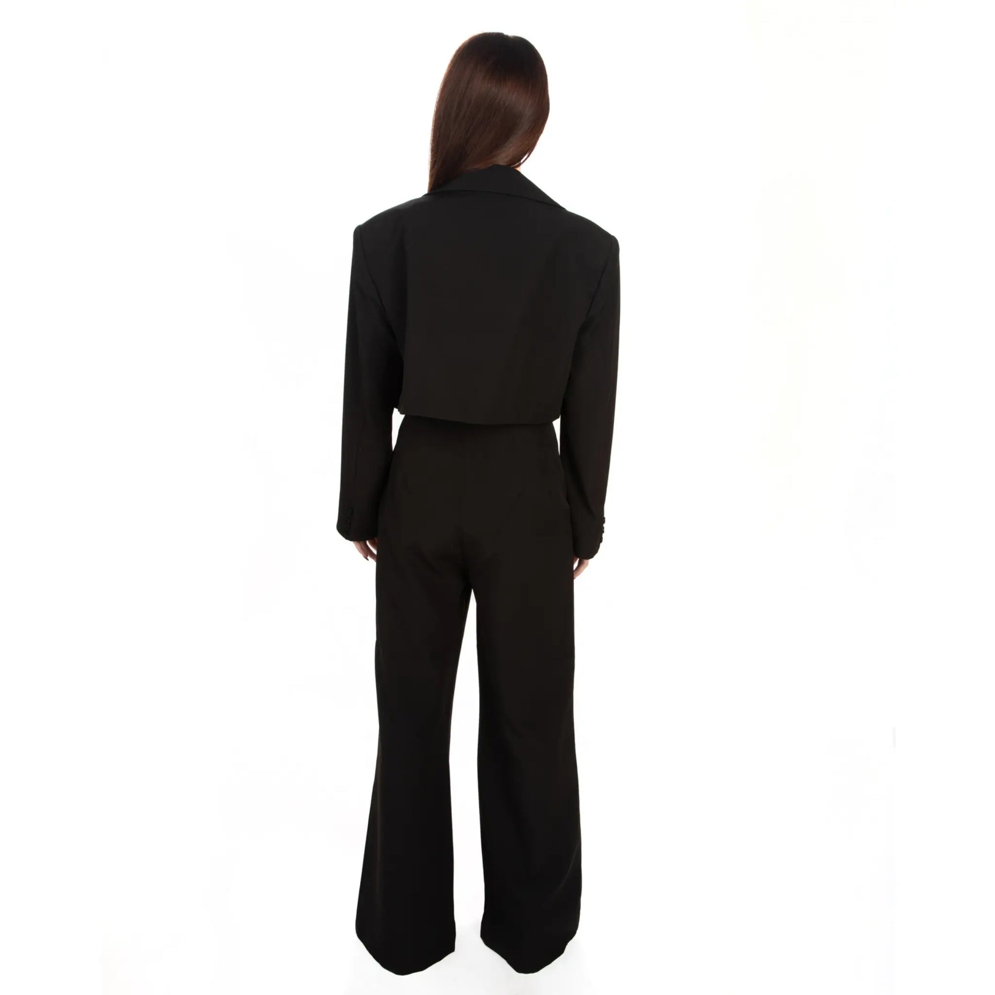 Oversized Cropped Blazer & Wide-Leg Trousers Set worn by brunette woman back view