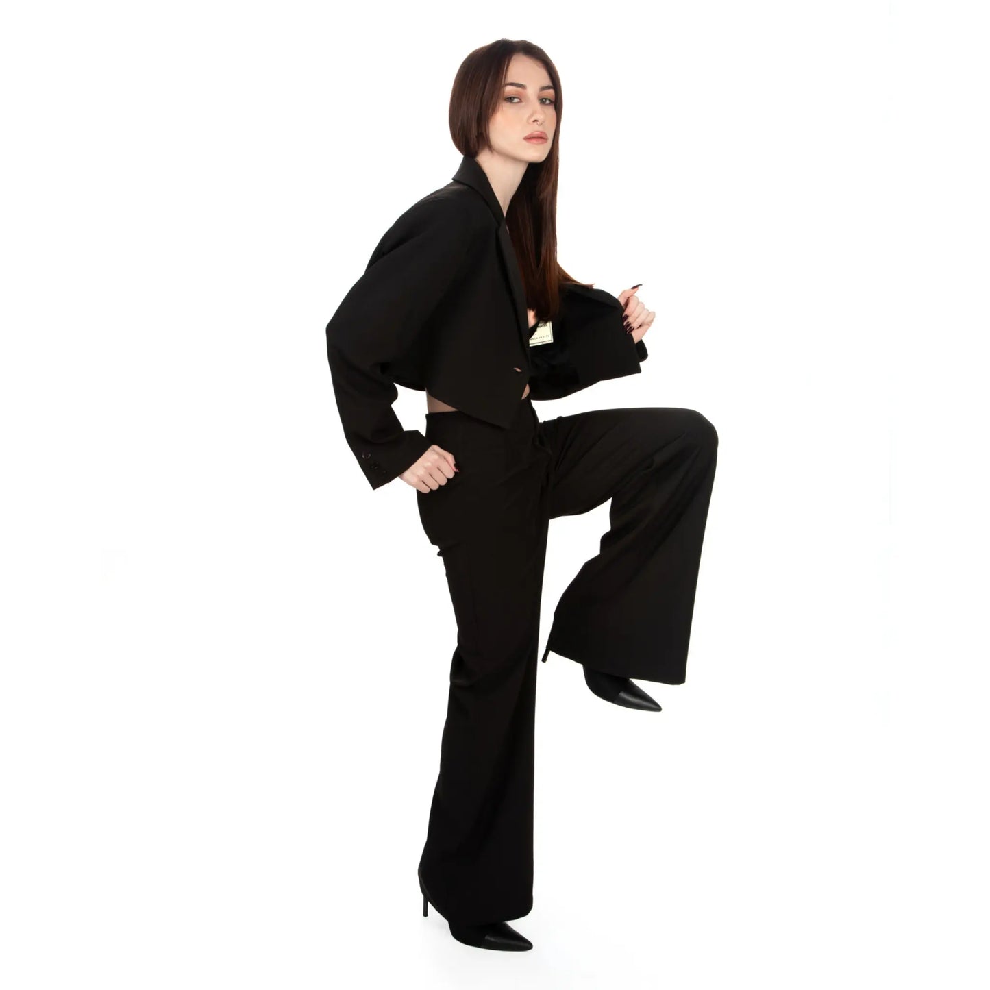 Oversized Cropped Blazer & Wide-Leg Trousers Set worn by brunette woman posing side view
