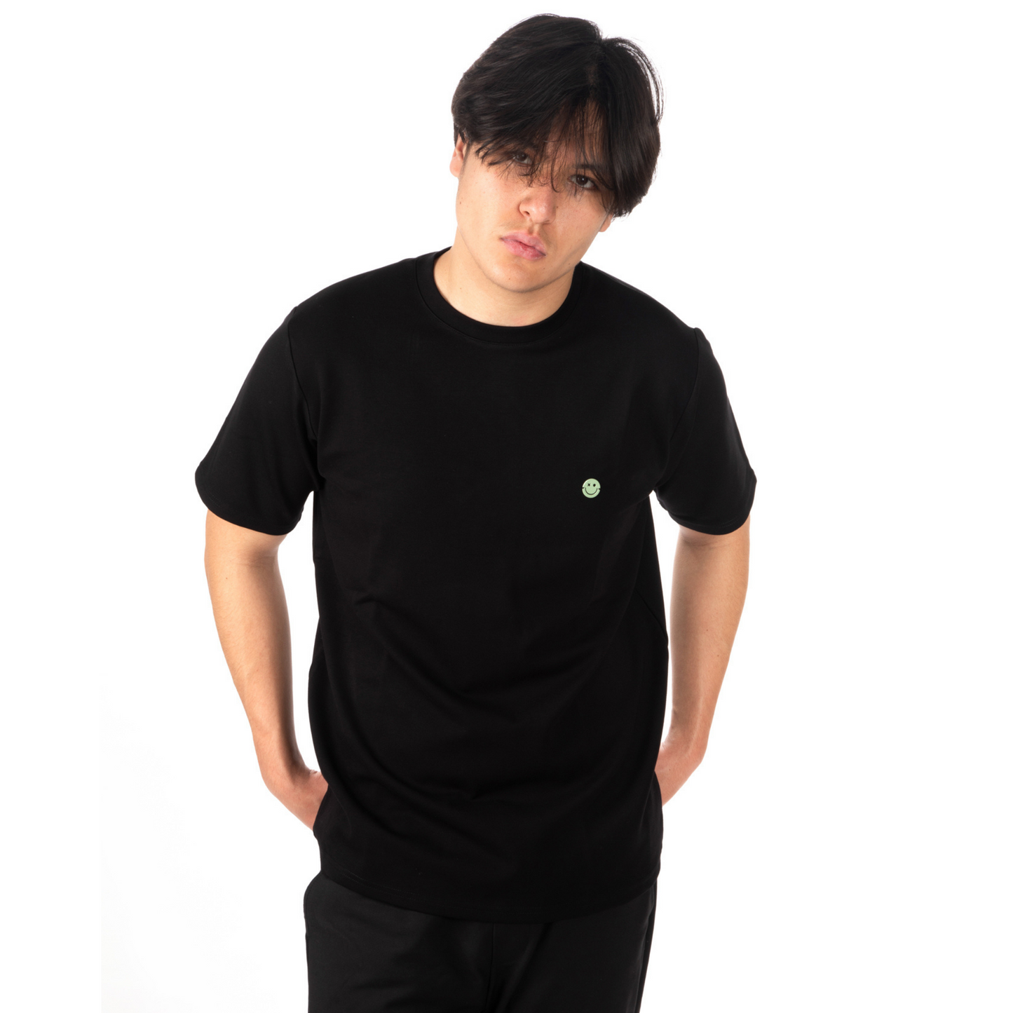 L’Homme Moderne Black T-shirt with Mint Smiley zoomed view on male model