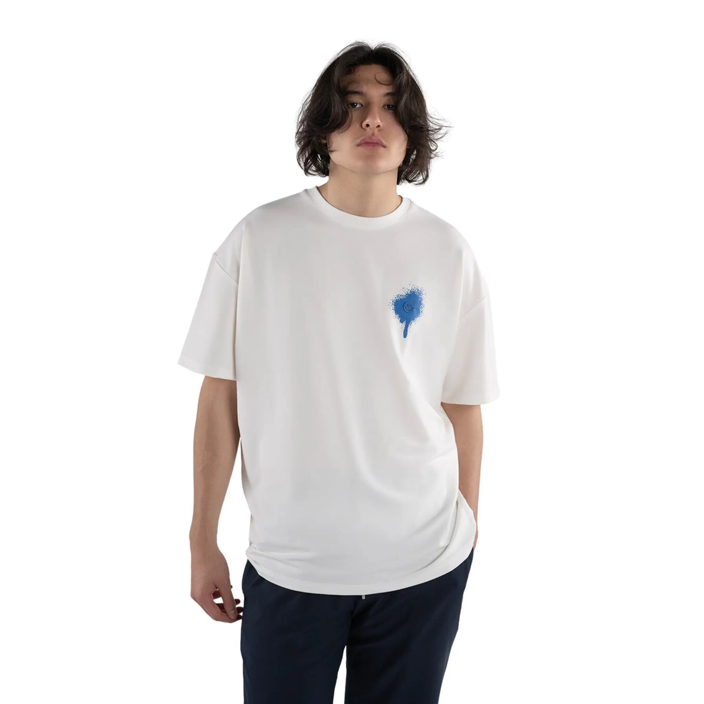 Oversized T-Shirt White with Blue Painted Smiley and Graffiti worn by man front close up view