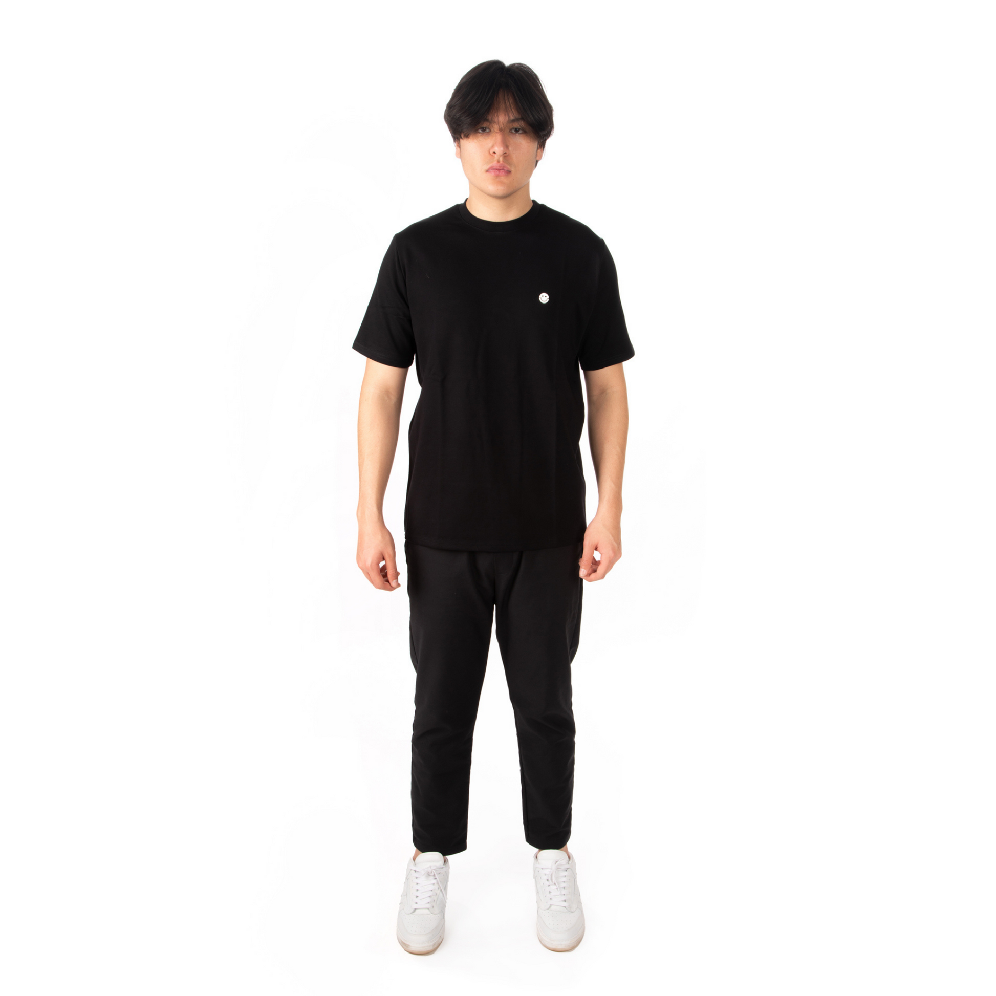 L’Homme Moderne Black T-shirt with Stainless Smiley front view on male model