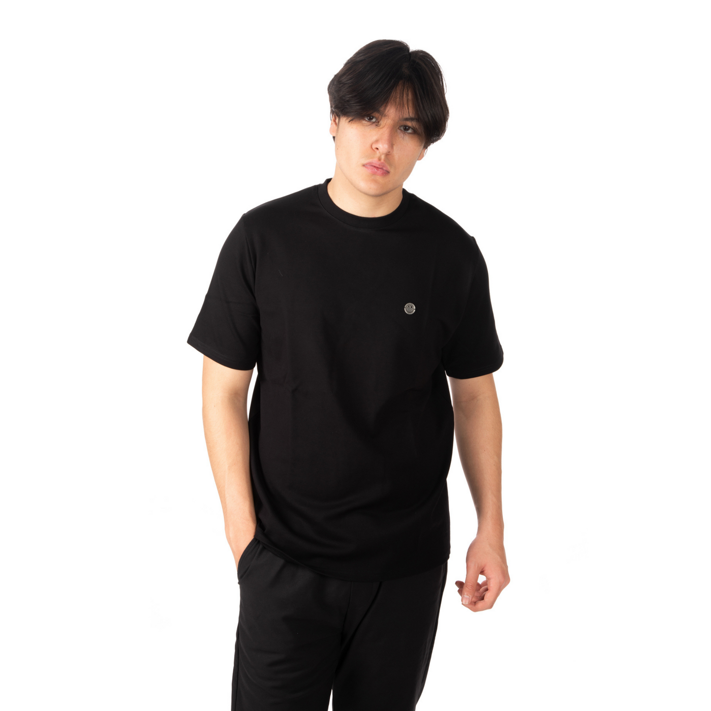 L’Homme Moderne Black T-shirt with Stainless Smiley zoomed view on male model