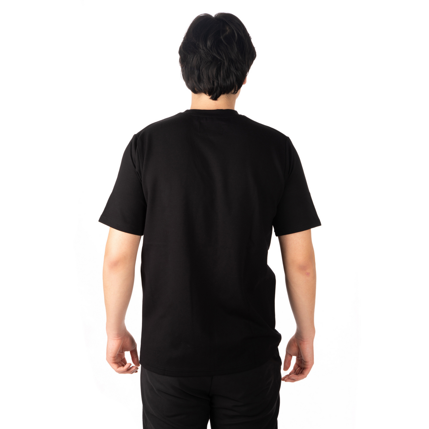 L’Homme Moderne Black T-shirt with Stainless Smiley back view on male model