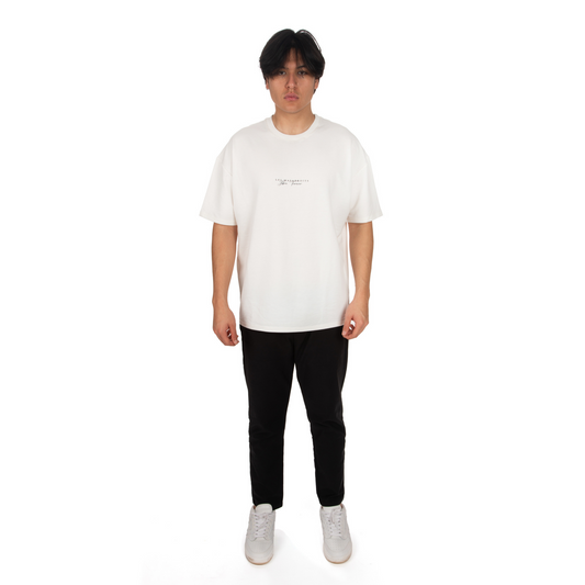 Unisex Oversized White T-shirt Libre Forever Front View on male model