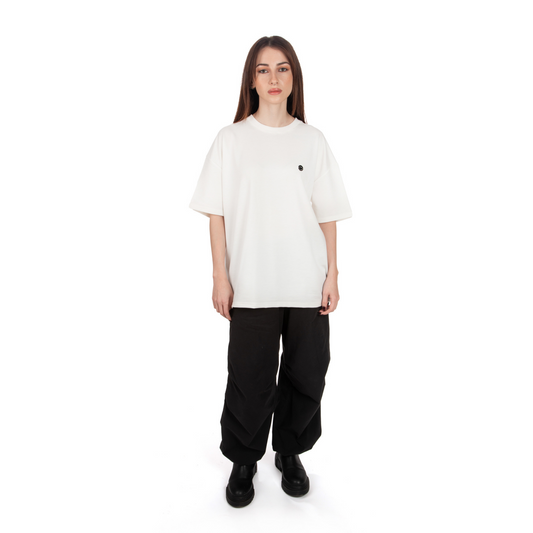 Unisex Oversized White T-shirt Le Club des Gamins front view on female model