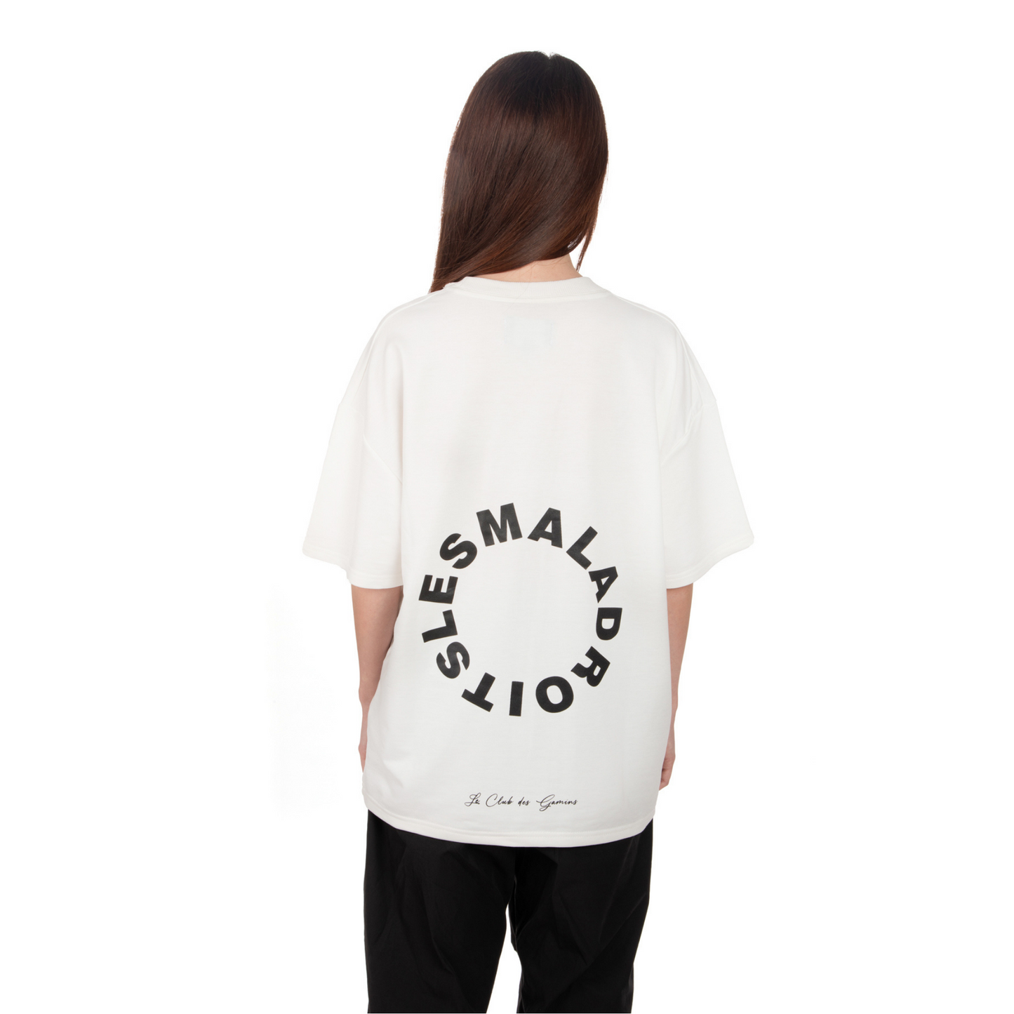 Unisex Oversized White T-shirt Le Club des Gamins back view on female model