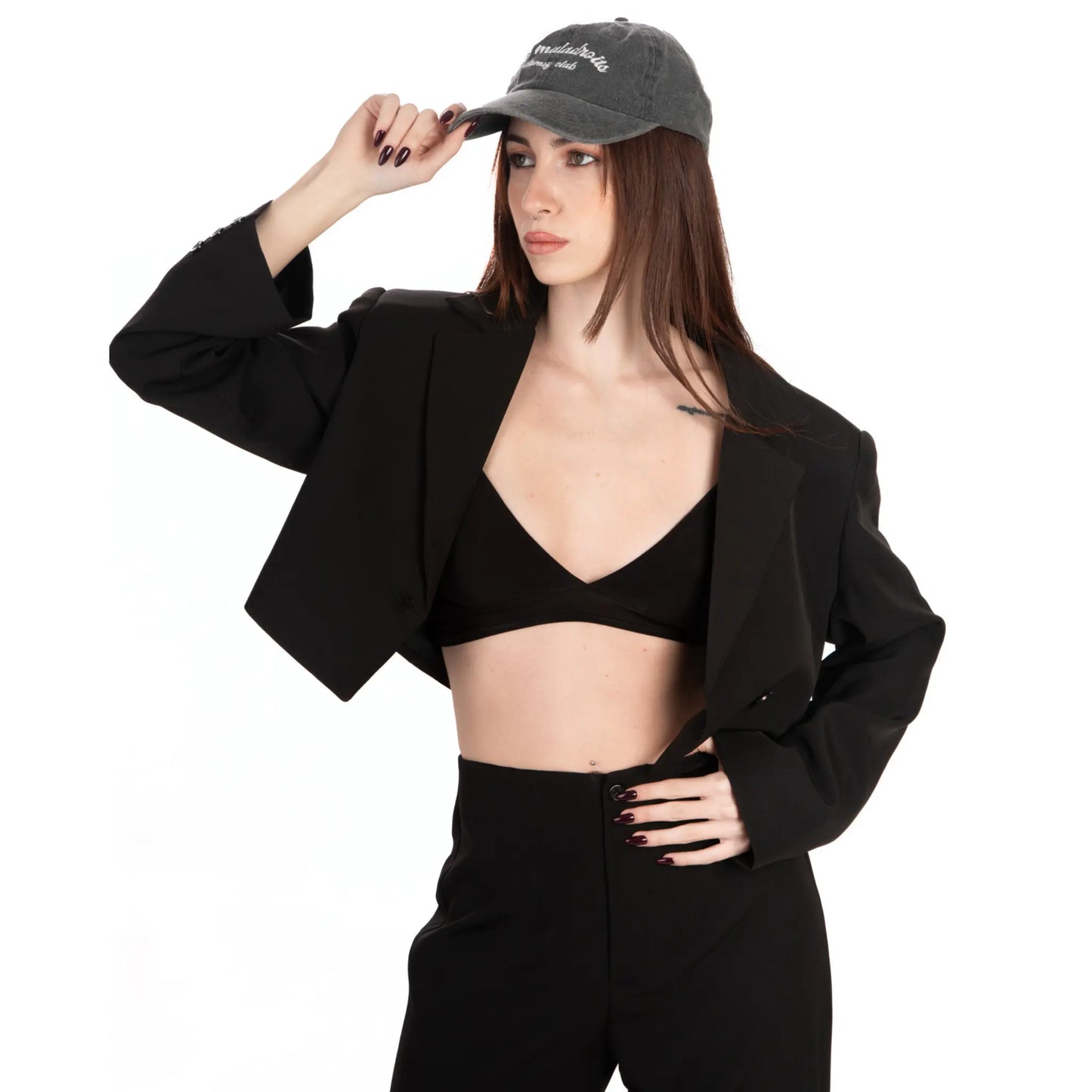Washed Grey Hat – Les Maladroits Clumsy Club front view on female model wearing cropped blazer