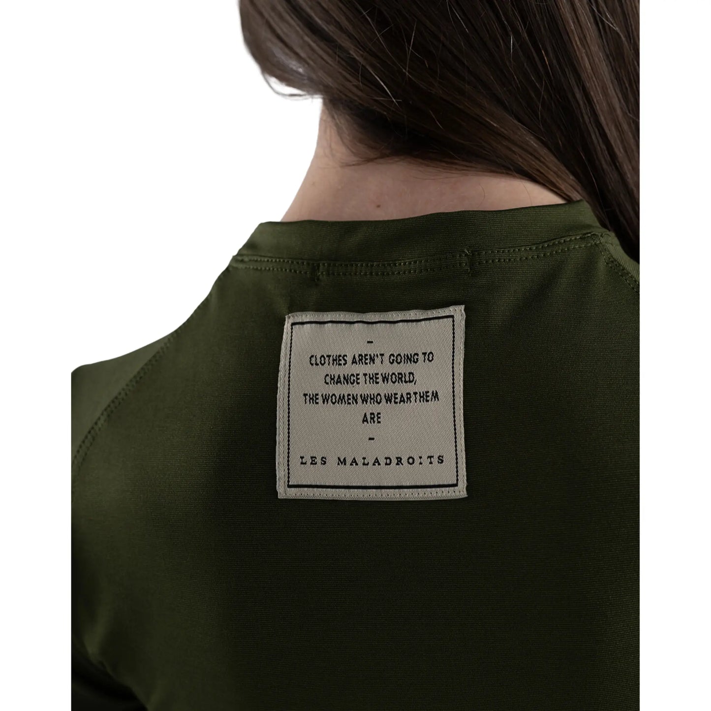 LES MALADROITS Crop Top & Biker Shorts Set Olive Green close-up view on crop top back