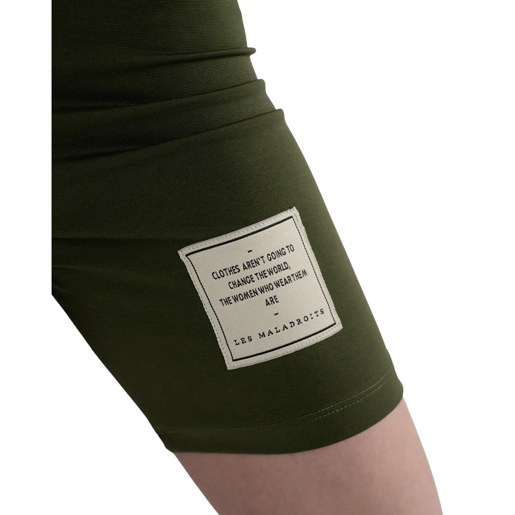 LES MALADROITS Crop Top & Biker Shorts Set Olive Green close view on short