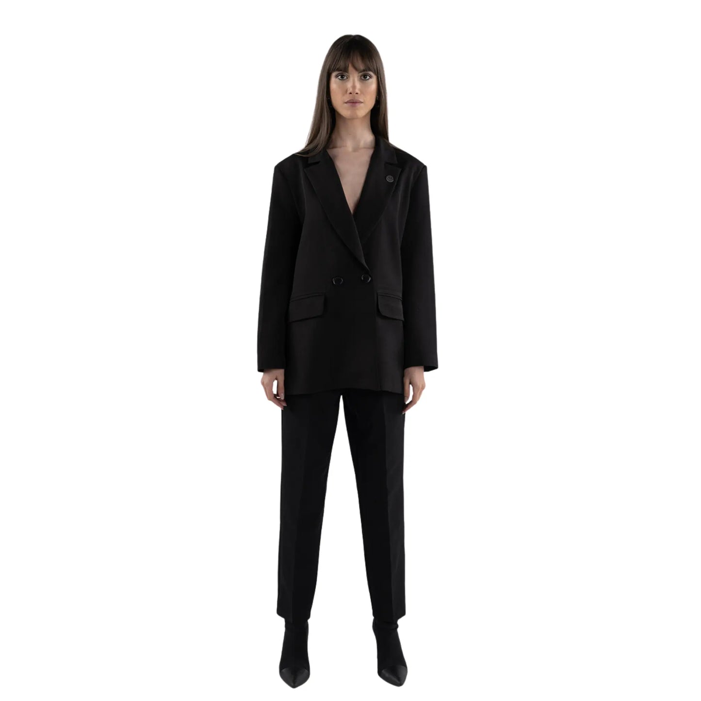 Double-Breasted Blazer & High-Waist Trousers Set on brunette model front view