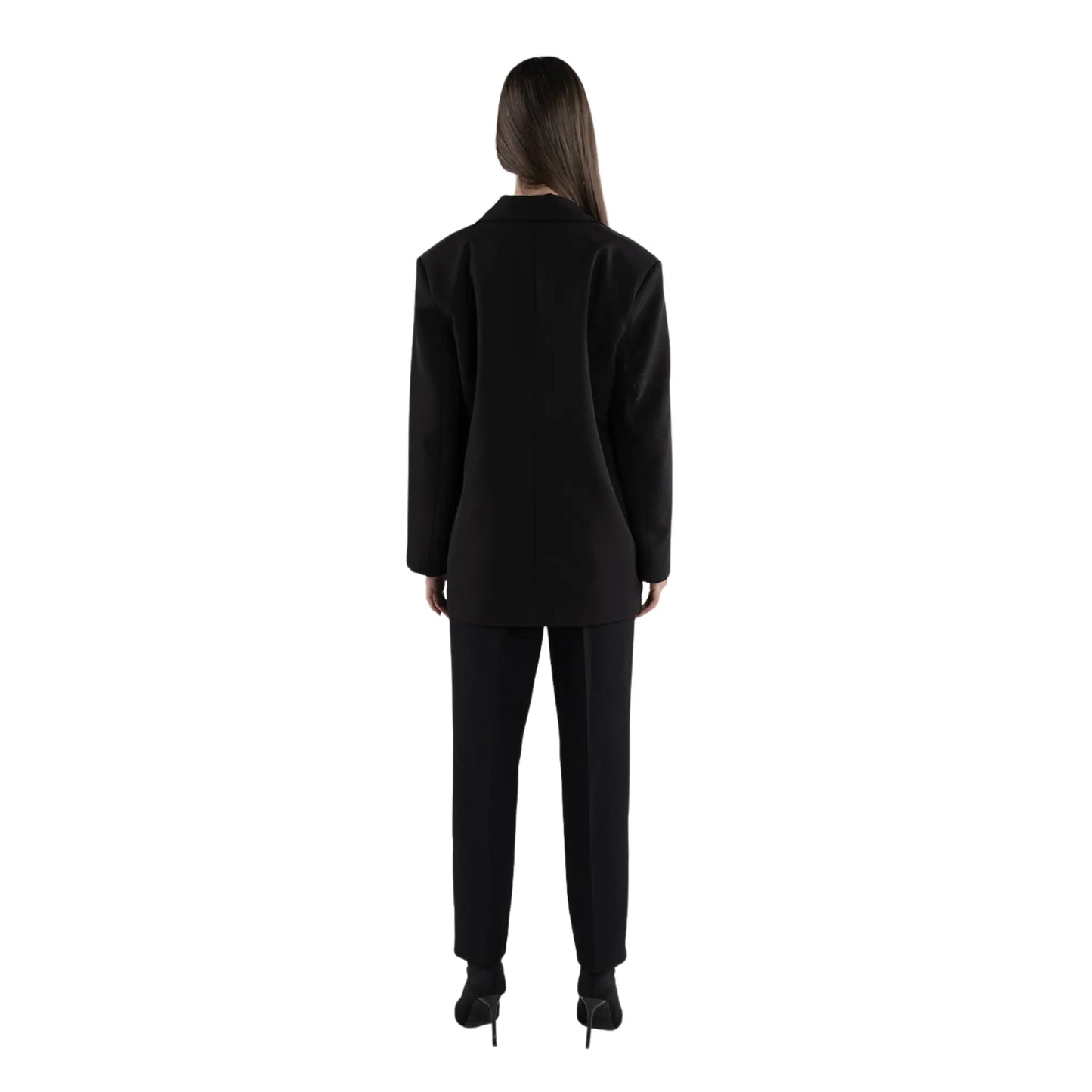 Double-Breasted Blazer & High-Waist Trousers Set on brunette model back view