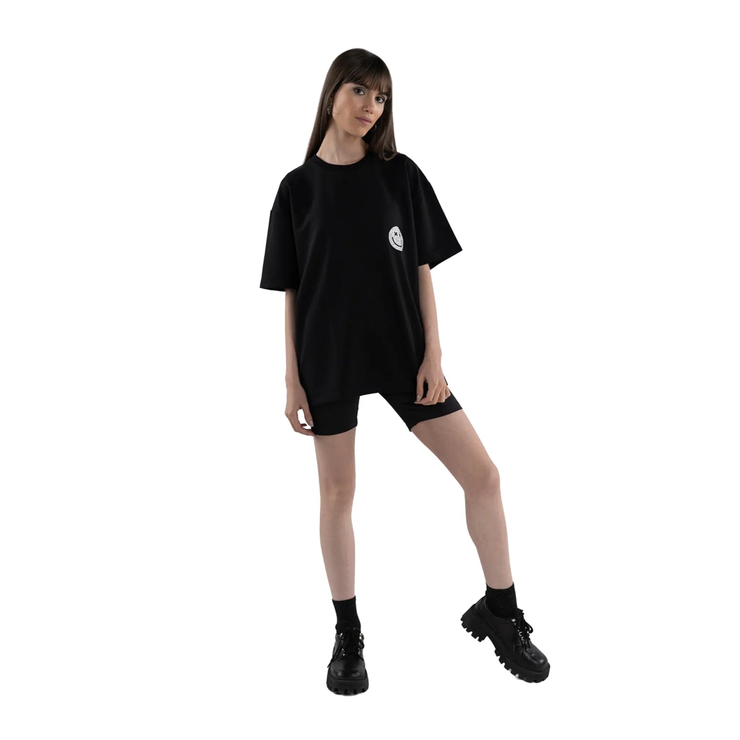 Glitter Smiley Oversized T-shirt Black on brunette woman wearing shorts front view