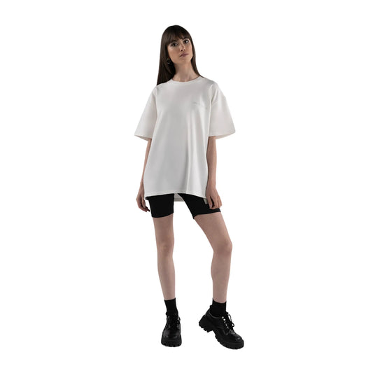 Glitter Smiley Oversized T-shirt White on brunette woman wearing shorts front view