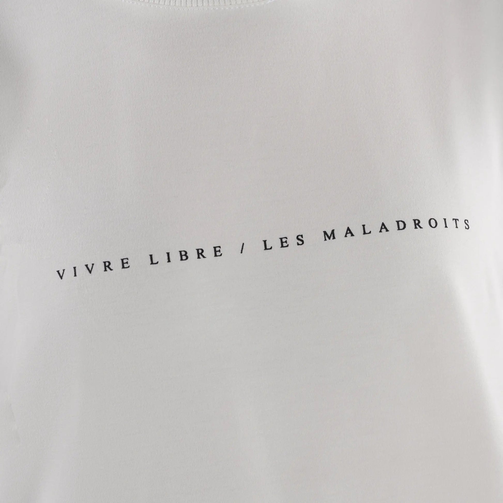 Oversized T-Shirt White Vivre Libre / Les Maladroits close-up view on the print