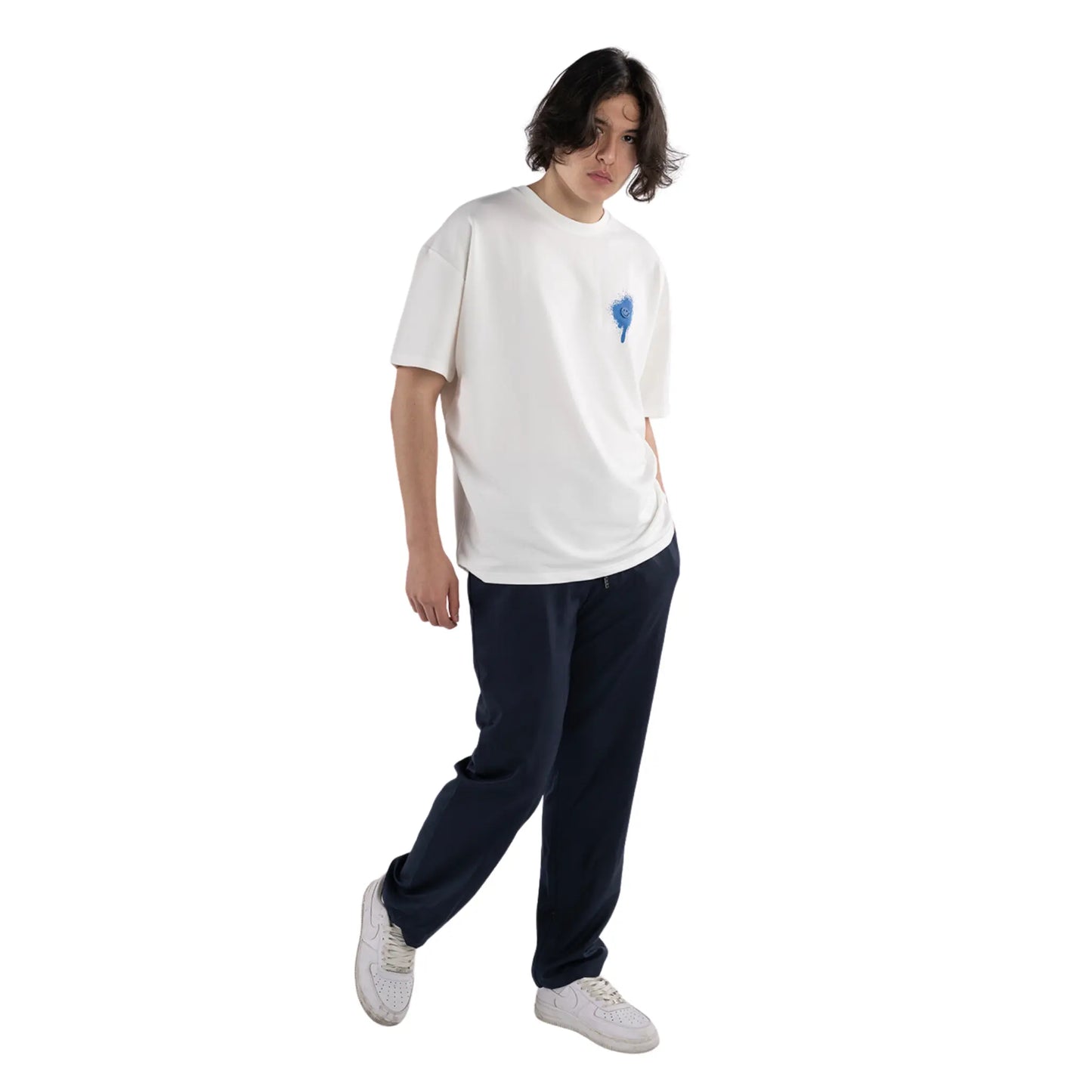 Oversized T-Shirt White with Blue Painted Smiley and Graffiti worn by man front view
