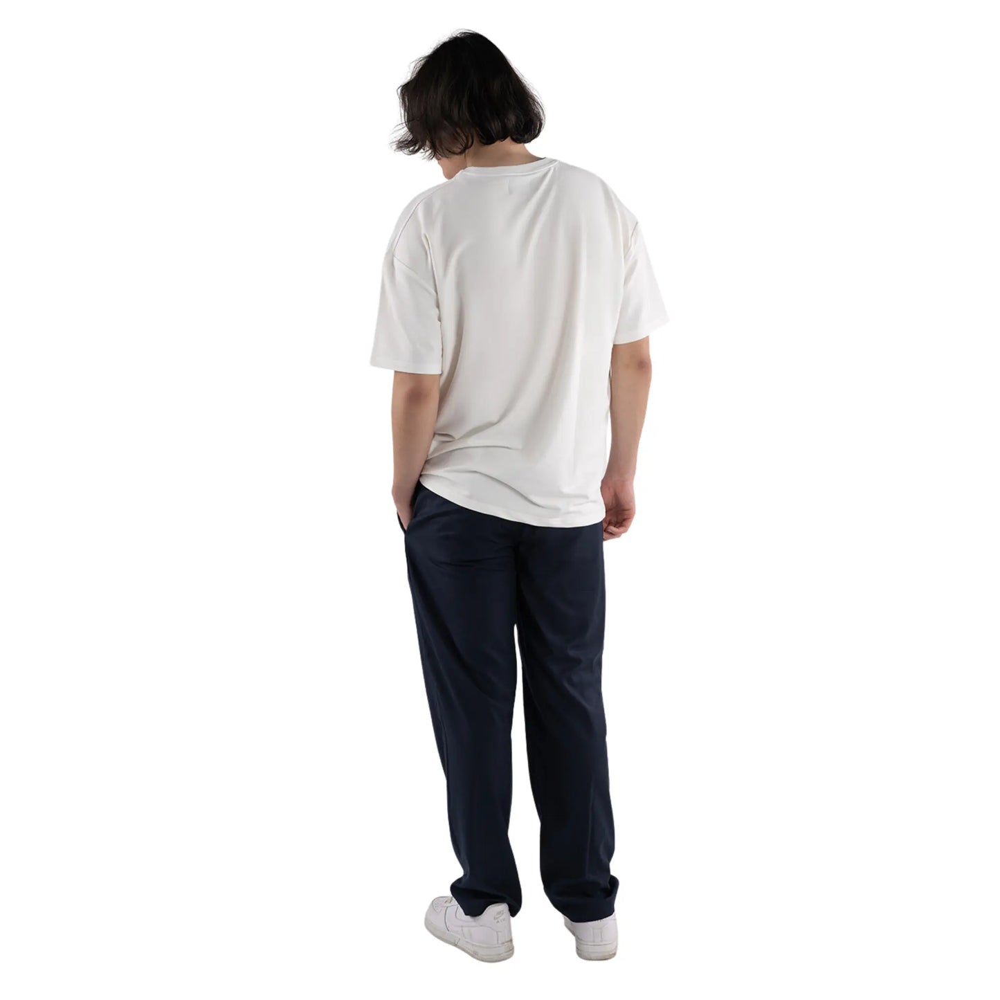 Oversized T-Shirt White with Blue Painted Smiley and Graffiti worn by man back view