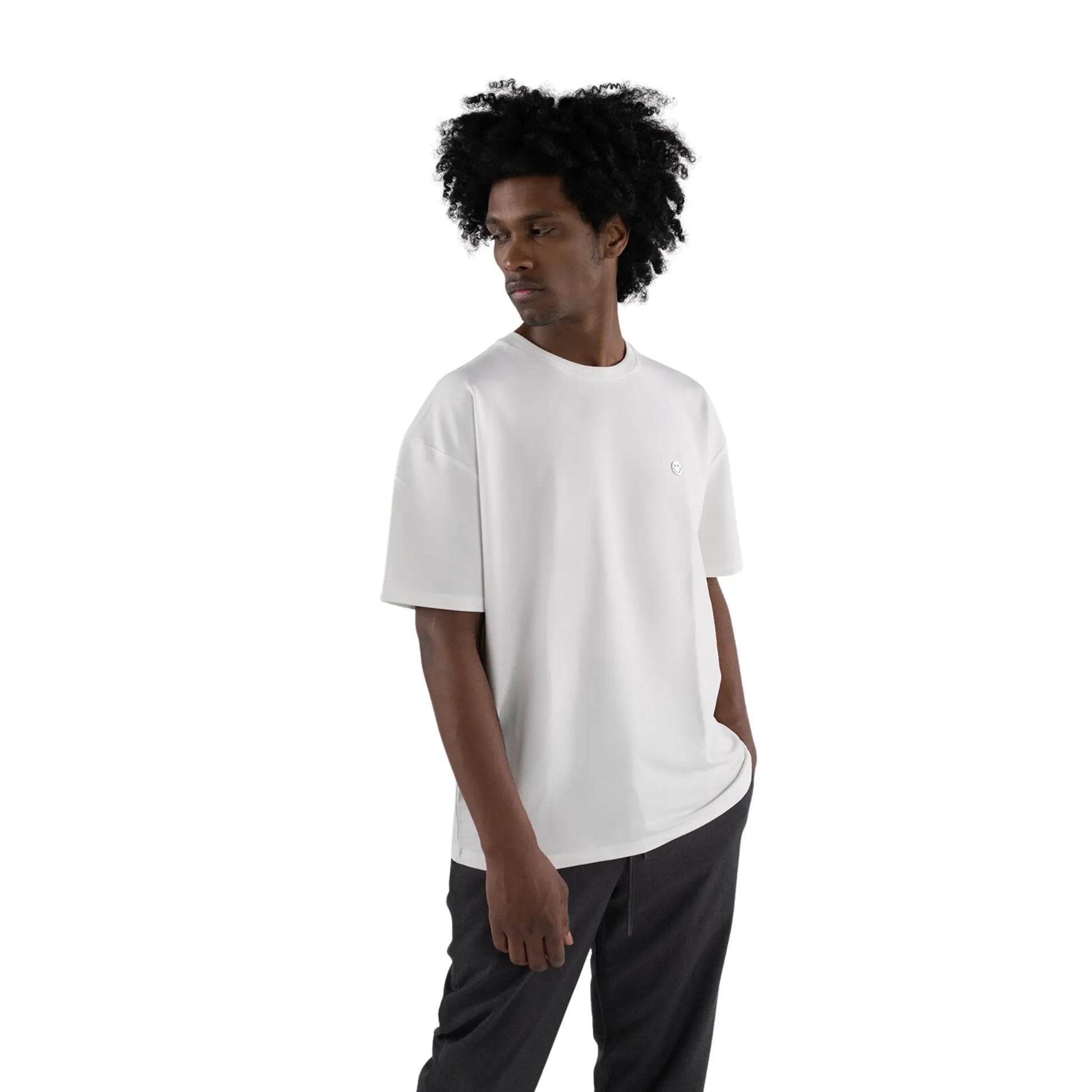 Oversized T-shirt White worn by black man front close up view