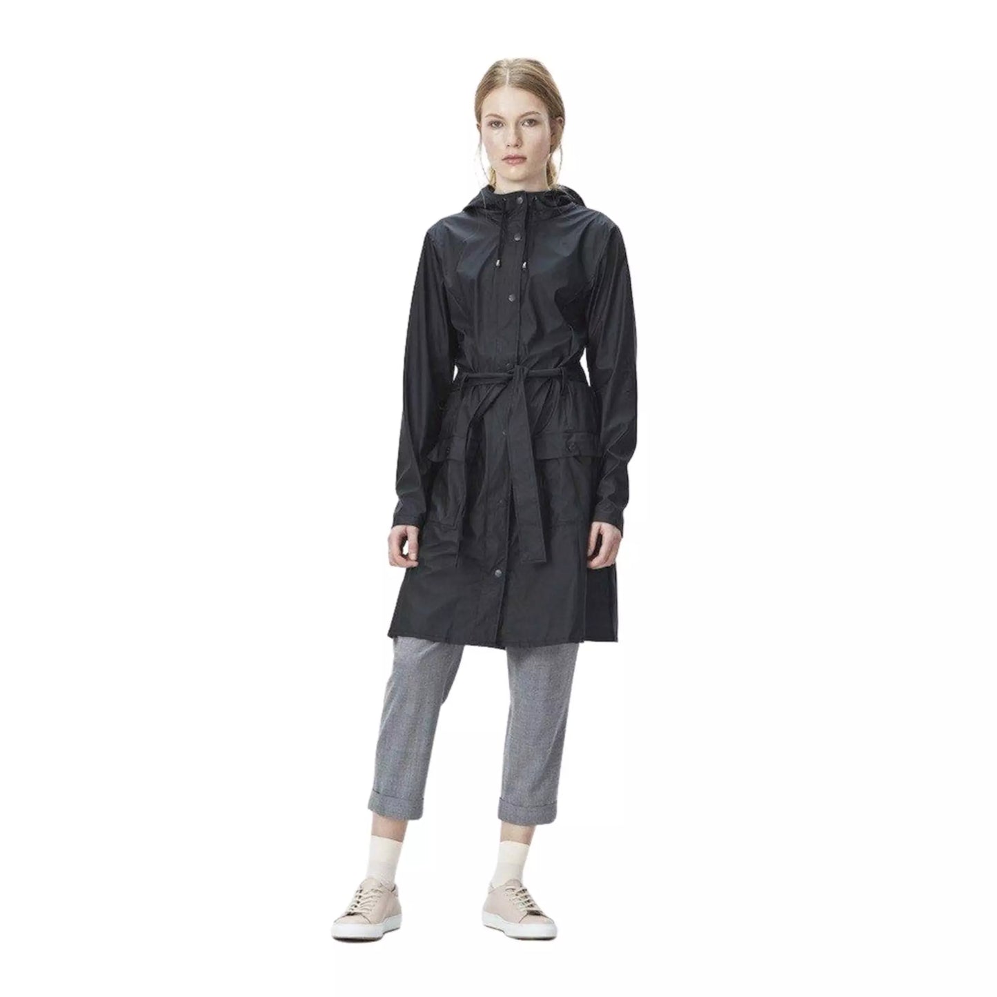 Rains waterproof curve jacket black worn by woman front view