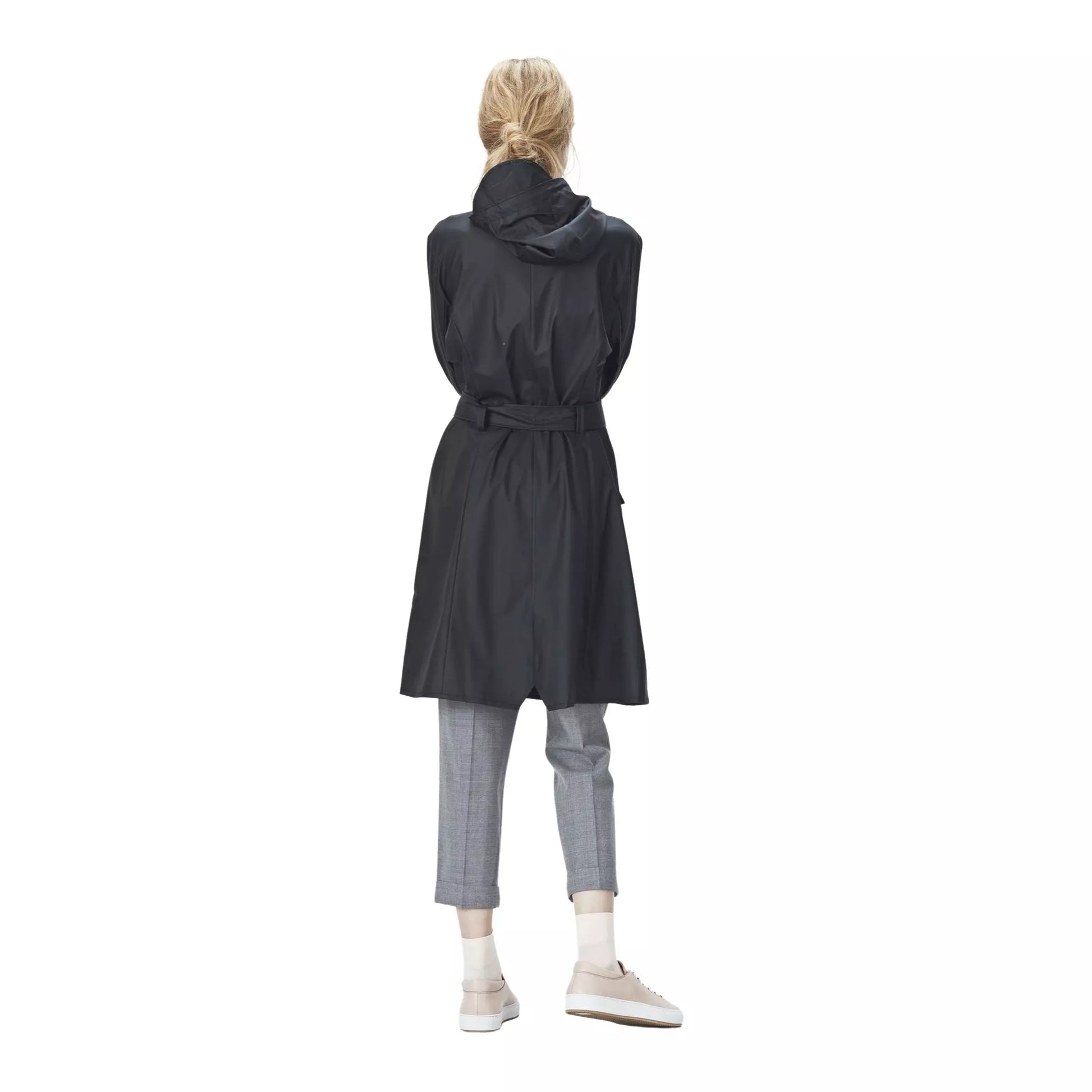 Rains waterproof curve jacket black worn by woman back view