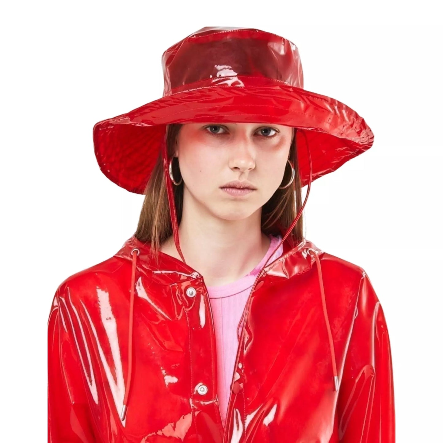 Rains waterproof boonie Hat Glossy Red worn by women
