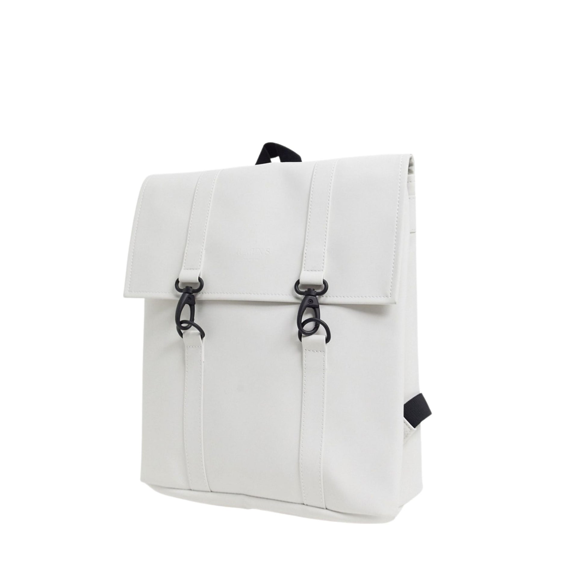 Rains waterproof backpack MSN bag off white for men and women front and side view